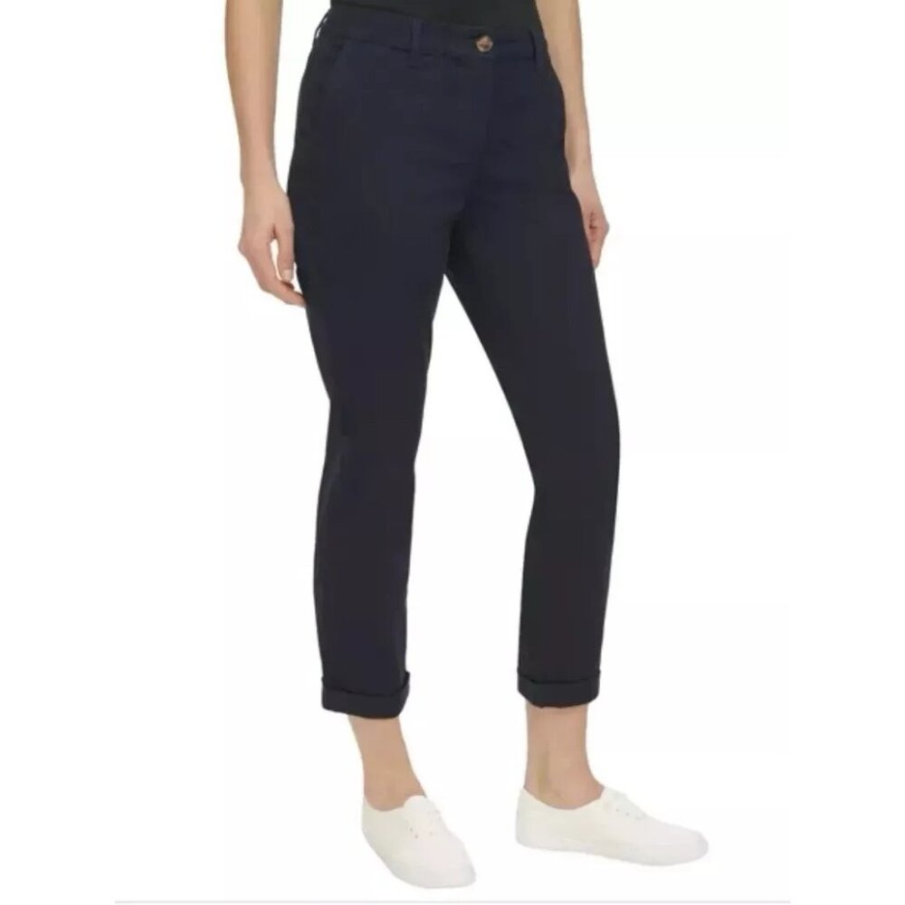 Nautica Jeans Chino Pants Women 6 Stretch Roll Down Cuff Ankle Flat Front Navy